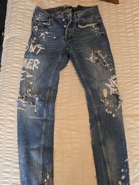 Zara Distressed Blue Skinny Jeans with White Paint Accents
